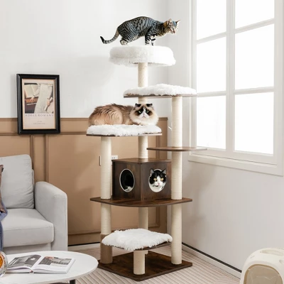 Costway Wooden Cat Tree 71'' 7-Layer Cat Tower With Sisal Scratching Posts Perch & Cushions Brown/Natural 1 Costway Wooden Cat Tree 71'' 7-Layer Cat Tower With Sisal Scratching Posts Perch & Cushions Brown/Natural