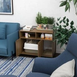 PawHut Hidden Cat Litter Box Enclosure With Scratching Pad, Cat Washroom Storage Bench Side End Table With Double Doors, Brown