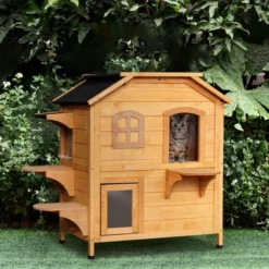 PawHut Wooden 2-Story Outdoor Cat House, Feral Cat Shelter Kitten Condo With Escape Door, Openable Asphalt Roof And 4 Platforms