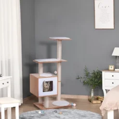 PawHut 47” Modern Cat Tree Multi-Level Scratching Post With Cube Cave Enclosure - Oak Wood