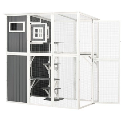 PawHut Walk-in Catio Outdoor Cat Enclosure, 7 Perches & Divided Den, Outdoor Cat House Weatherproof, Cat Shelter Kitty House Cat Cage, Cat Gift, Gray 3 PawHut Walk-in Catio Outdoor Cat Enclosure, 7 Perches & Divided Den, Outdoor Cat House Weatherproof, Cat Shelter Kitty House Cat Cage, Cat Gift, Gray - Image 3