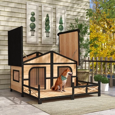 PawHut 59"x64"x39" Wood Large Dog House Cabin Style Elevated Pet Shelter W/Porch Deck 4 PawHut 59"x64"x39" Wood Large Dog House Cabin Style Elevated Pet Shelter W/Porch Deck - Image 4
