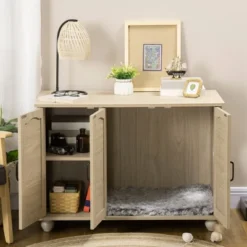 PawHut Cat Litter Box Enclosure Side Table, Cat Washroom Storage With Soft Cushion, PE Rattan, Adjustable Partition, For Indoor Use, Oak