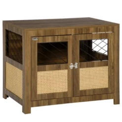 PawHut Dog Crate Furniture With Soft Cushion, Dog Crate End Table With Rattan Decoration, Dog Kennel Furniture Indoors, Walnut -PawHut Store GUEST 9634134b 0942 426c 9a93 71b9a213c954