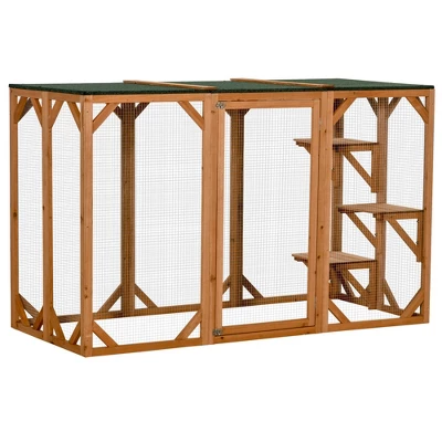 PawHut Wooden Outdoor Cat House Catio Kitten Enclosure Indoor Cage With Asphalt Roof, Multi-Level Platforms And Large Enter Door - 71"L 9 PawHut Wooden Outdoor Cat House Catio Kitten Enclosure Indoor Cage With Asphalt Roof, Multi-Level Platforms And Large Enter Door - 71"L - Image 9