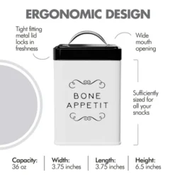 Amici Pet Sparky Bone Appetit Metal Storage Canister, 36 Oz. , White & Black