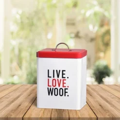 Amici Pet Live Love Woof Metal Storage Canister, 208 Oz. , White Red Black -PawHut Store GUEST 994aa26e fbcb 427d ab25 a5b3b540ef70