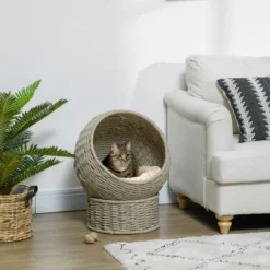 PawHut Elevated Cat Basket Bed With Cushion, Cat Egg Chair Shape, Cute Cat Condo With Stand For Indoor Cats, 20" Dia. X 23.5" H, Herbal Grey