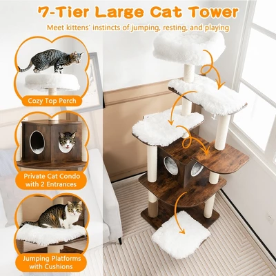 Costway Wooden Cat Tree 71'' 7-Layer Cat Tower With Sisal Scratching Posts Perch & Cushions Brown/Natural 6 Costway Wooden Cat Tree 71'' 7-Layer Cat Tower With Sisal Scratching Posts Perch & Cushions Brown/Natural - Image 6