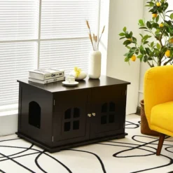 Costway Large Wooden Cat Litter Box Enclosure Hidden Cat Washroom W/ Divider