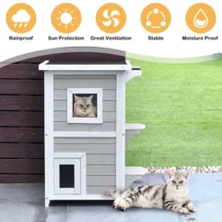 Costway 2-Tier Wooden Cat House Outdoor Kitty Shelter W/ Escape Door Rainproof -PawHut Store GUEST a555b2db 4de3 499c 8c97 6fbfec189d41