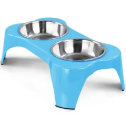 Gibson Home Bow Wow Meow 3 Piece Elevated Pet Bowl Dinner Set In Blue