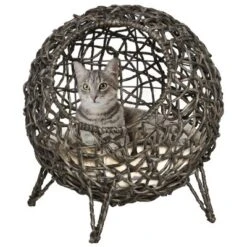PawHut 20.5" Rattan Cat Bed, Kitten House, Elevated Round Condo For Comfort And Circulation With Cushion, Round Design -PawHut Store GUEST a75541b4 31aa 4b9e 81f5 307a1e58f3dd