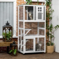 PawHut 74" Wooden Outdoor Cat House Weatherproof & Wheeled, Catio Outdoor Cat Enclosure With High Weight Capacity, Cat Cage Condo, Gray