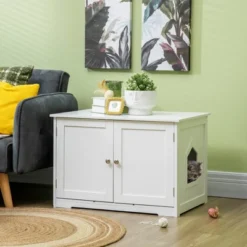 PawHut Modern Cat Litter Box Enclosure With Adjustable Partition For Customizable Space, Cat Washroom End Table With Hidden Storage Cabinet, White