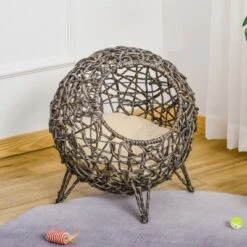 PawHut 20.5" Rattan Cat Bed, Kitten House, Elevated Round Condo For Comfort And Circulation With Cushion, Round Design