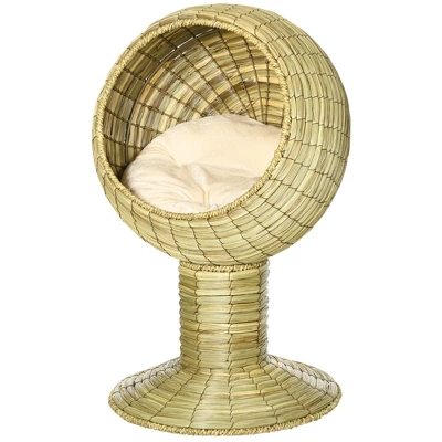 PawHut Elevated Cat Bed With Rotatable Egg Chair Pod, Cat Basket Bed With Thick Cushion, Natural Mat Grass Woven Kitty House 3 PawHut Elevated Cat Bed With Rotatable Egg Chair Pod, Cat Basket Bed With Thick Cushion, Natural Mat Grass Woven Kitty House - Image 3