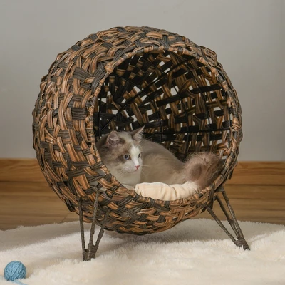 PawHut 20.5" Rattan Cat Bed, Elevated Wicker Kitten House Round Condo With Cushion 1 PawHut 20.5" Rattan Cat Bed, Elevated Wicker Kitten House Round Condo With Cushion
