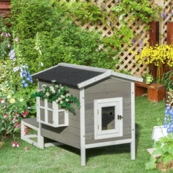 PawHut Wooden Wooden Cat House Feral Cat Shelter Kitten Condo With Escape Door, Porch And Flower Stand - Dark Gray/White