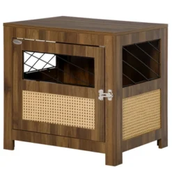PawHut Dog Crate Furniture With Soft Cushion, Dog Crate End Table With Rattan Decoration, Dog Kennel Furniture Indoors, Walnut -PawHut Store GUEST b20d6e93 4163 4efc a1ef 3faf5bfc9d35