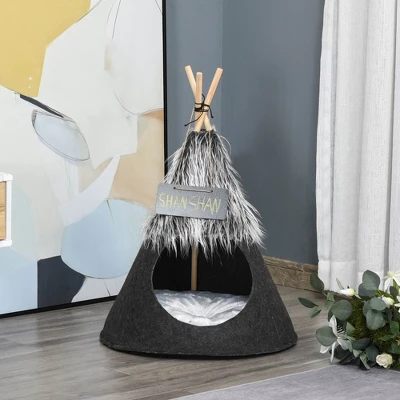 PawHut Pet Teepee Tent Cat Bed Dog House With Thick Cushion Chalkboard For Kitten And Puppy Up To 13lbs 28inch Gray 1 PawHut Pet Teepee Tent Cat Bed Dog House With Thick Cushion Chalkboard For Kitten And Puppy Up To 13lbs 28inch Gray