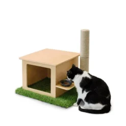 On2Pets Cat House With Scratching Post & Feeder Station - Beige -PawHut Store GUEST b6e0a4d1 a6c1 43f9 b26d 4cdf1091f7be