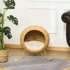 PawHut 20.5" Rattan Cat Bed, Wicker Elevated Round Condo For Comfort And Circulation With Cushion -PawHut Store GUEST b860ebcb 7f4f 4fb5 a581 714a1f10c223