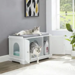 Sweetgo SG1091WT Cat Washroom Storage Bench Cabinet And Litter Box Cover With Removable Partition Wall And Pet Bed Cushion, White -PawHut Store GUEST bade97c5 dd57 4b1d 80e4 741e0852637f