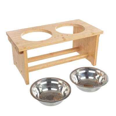 Elevated Dog Bowls With Stand - 7-Inch Nonslip Bamboo Dog Feeder With 2 Stainless-Steel Dog Bowls - Hold 20oz Each And Dishwasher Safe By PETMAKER 2 Elevated Dog Bowls With Stand - 7-Inch Nonslip Bamboo Dog Feeder With 2 Stainless-Steel Dog Bowls - Hold 20oz Each And Dishwasher Safe By PETMAKER - Image 2