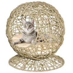 PawHut Rattan Elevated Cat Bed Kitty Condo With Comfortable Soft Cushion, Wicker Construction And Round Base, Brown -PawHut Store GUEST c0765ea6 0ccb 4619 ab77 4781288569c0