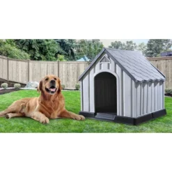 Ram Quality Products Outdoor Pet House Large Waterproof Dog Kennel Shelter, Gray