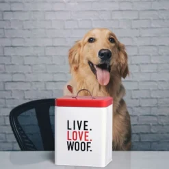 Amici Pet Live Love Woof Metal Storage Canister, 208 Oz. , White Red Black