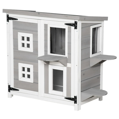 PawHut 2-Tier Cat House, Outdoor Feral Cat Shelter, With Weather Resistant Roof, Escape Door, PVC Curtain, Glass Window 3 PawHut 2-Tier Cat House, Outdoor Feral Cat Shelter, With Weather Resistant Roof, Escape Door, PVC Curtain, Glass Window - Image 3