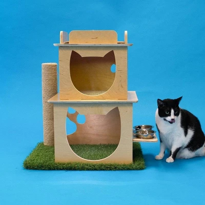 On2Pets Cat Loft With Scratching Post & Feeder Station - Beige 3 On2Pets Cat Loft With Scratching Post & Feeder Station - Beige - Image 3