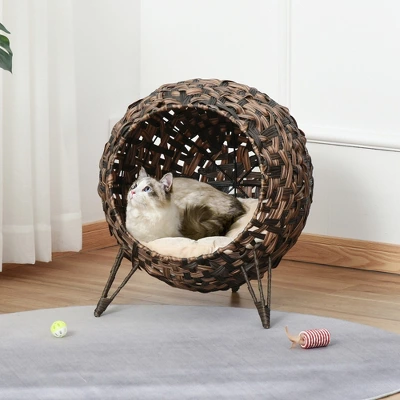 PawHut 20.5" Rattan Cat Bed, Elevated Wicker Kitten House Round Condo With Cushion 2 PawHut 20.5" Rattan Cat Bed, Elevated Wicker Kitten House Round Condo With Cushion - Image 2
