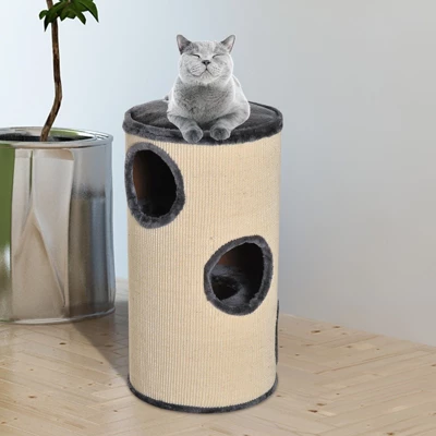 PawHut 28" Cat Condo 3-Story Cat House, Barrel-Shaped Cat Tree With Sisal Scratching Surface For Indoor Cats, Gray 1 PawHut 28" Cat Condo 3-Story Cat House, Barrel-Shaped Cat Tree With Sisal Scratching Surface For Indoor Cats, Gray