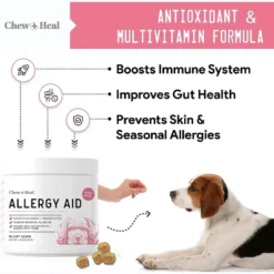 Chew + Heal Allergy Aid With Antioxidants, Dog Supplement, Immune Booster & Seasonal Allergy Relief - 90 Delicious Chews