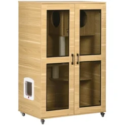 PawHut Cat House With Cat Tree Kitty Cage With Scratching Posts Condo Wheels Flap Door, 31.5" X 20" X 48.5" -PawHut Store GUEST de9b4f04 4076 434a 86b5 fe5a44d3e6dd