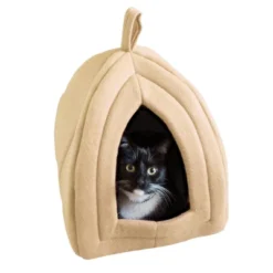Pet Adobe Enclosed Igloo Cat Bed - Pet Tent With Removable Cushion Pad - Tan