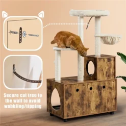 Yaheetech Wooden Litter Box Enclosure With Cat Tree Tower, Rustic Brown/Beige -PawHut Store GUEST e3a61647 7099 4101 a37f 0939fadd55e4