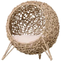 PawHut Rattan Cat Bed Elevated Wicker Kitten House With Cushion, Natural, 20.5" X 20.5" X 22.75" -PawHut Store GUEST e596a3fd 32b8 4408 8570 c72f73cecc7c