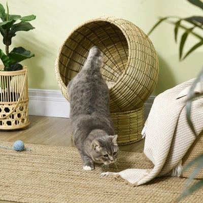 PawHut Cat Basket Bed With Cat Egg Chair Shape, Woven Elevated Cat Bed Kitty House, Raised Wicker Cat Bed For Indoor Cats, 20" Dia. X 23.5" H, Yellow 4 PawHut Cat Basket Bed With Cat Egg Chair Shape, Woven Elevated Cat Bed Kitty House, Raised Wicker Cat Bed For Indoor Cats, 20" Dia. X 23.5" H, Yellow - Image 4