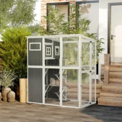 PawHut Walk-in Catio Outdoor Cat Enclosure, 7 Perches & Divided Den, Outdoor Cat House Weatherproof, Cat Shelter Kitty House Cat Cage, Cat Gift, Gray