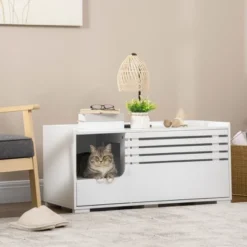 PawHut Cat Litter Box Enclosure With Spacious Interior, Cat Washroom Storage End Table With Hidden Storage Cabinet Space, Elevated Bottom