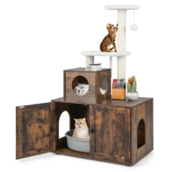 Costway 2-in-1 Wooden Litter Box Enclosure With Cat Tree Hidden Washroom Furniture -PawHut Store GUEST ed1c0c3c a461 4e6c b9be 85295716dfc0