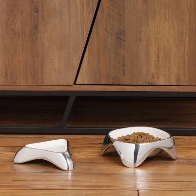 Nambe Pet Small Triangular Enameled Pet Bowl With Non-Slip Grips, Made With Nambe Alloy, Designed By Karim Rashid, 7" L X 7" W X 1.5" H 2 Nambe Pet Small Triangular Enameled Pet Bowl With Non-Slip Grips, Made With Nambe Alloy, Designed By Karim Rashid, 7" L X 7" W X 1.5" H - Image 2