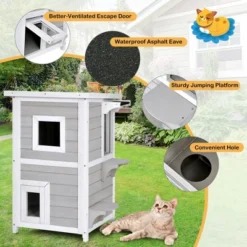Costway 2-Tier Wooden Cat House Outdoor Kitty Shelter W/ Escape Door Rainproof -PawHut Store GUEST fbab2d2b cae3 4b70 90bc 222da46ed12e