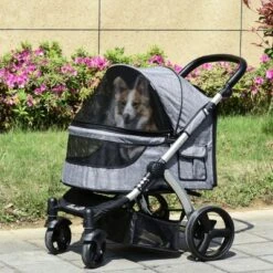 PawHut Pet Stroller Foldable Dog Cat Travel Carriage With Adjustable Handlebar PVC Wheel Brake Storage Bag Mesh Window Safety Leash Aluminum Gray